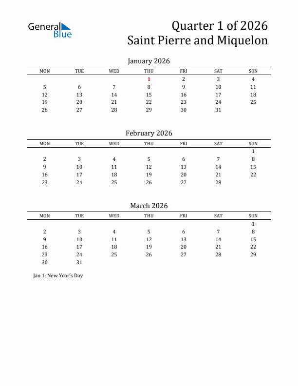 Quarter 1 2026 Saint Pierre and Miquelon Quarterly Calendar