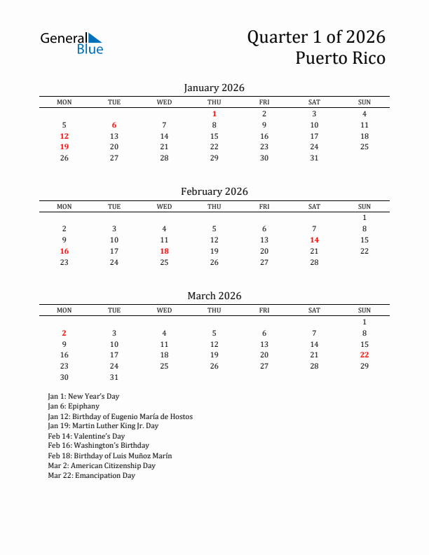 Quarter 1 2026 Puerto Rico Quarterly Calendar