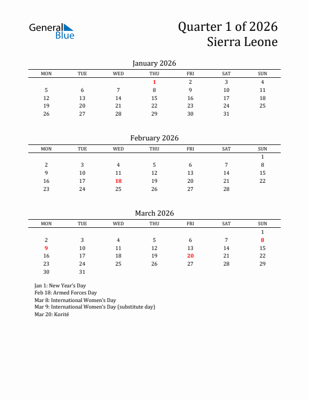 Quarter 1 2026 Sierra Leone Quarterly Calendar