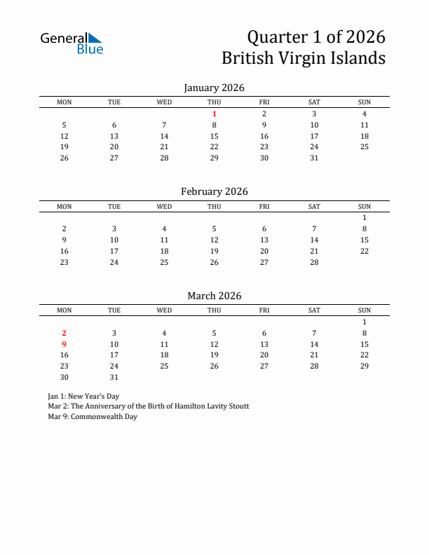 Quarter 1 2026 British Virgin Islands Quarterly Calendar