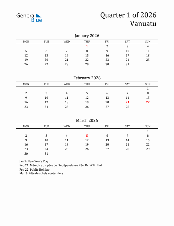 Quarter 1 2026 Vanuatu Quarterly Calendar