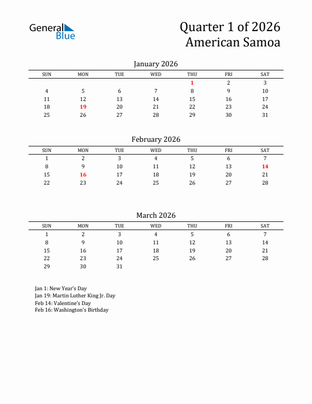 Quarter 1 2026 American Samoa Quarterly Calendar