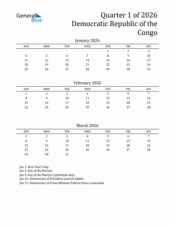 Quarter 1 2026 Democratic Republic of the Congo Quarterly Calendar