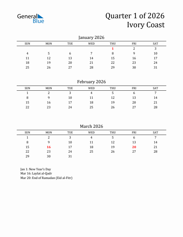 Quarter 1 2026 Ivory Coast Quarterly Calendar