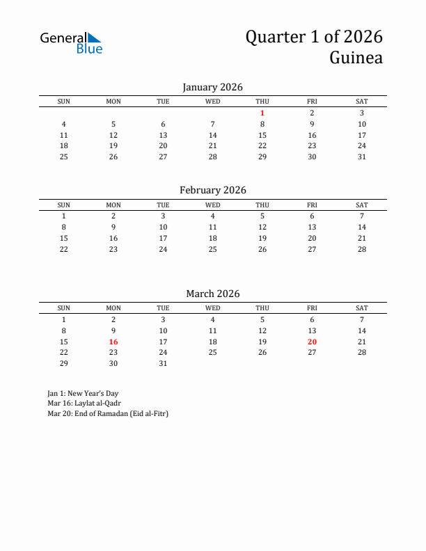 Quarter 1 2026 Guinea Quarterly Calendar