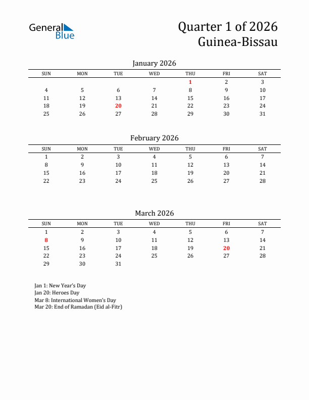 Quarter 1 2026 Guinea-Bissau Quarterly Calendar