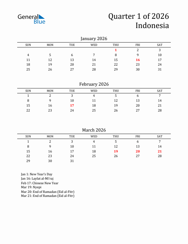 Quarter 1 2026 Indonesia Quarterly Calendar