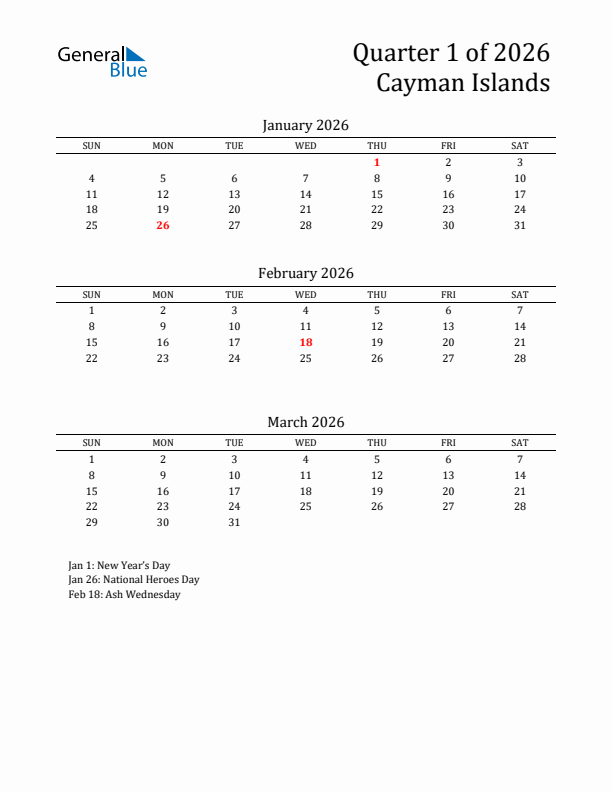 Quarter 1 2026 Cayman Islands Quarterly Calendar