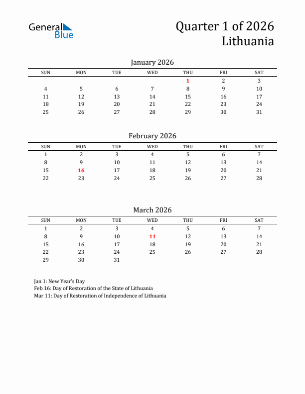 Quarter 1 2026 Lithuania Quarterly Calendar