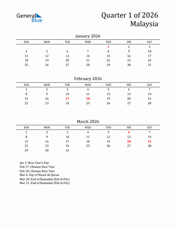 Quarter 1 2026 Malaysia Quarterly Calendar