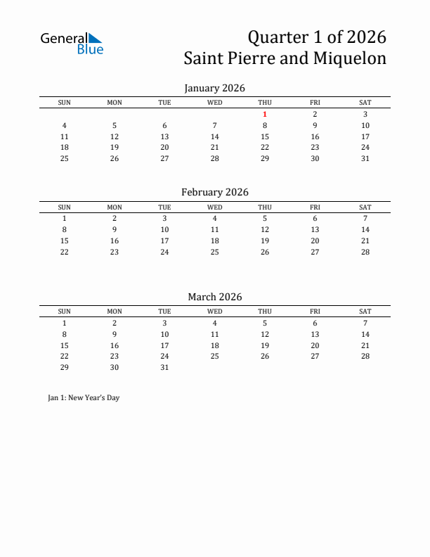 Quarter 1 2026 Saint Pierre and Miquelon Quarterly Calendar