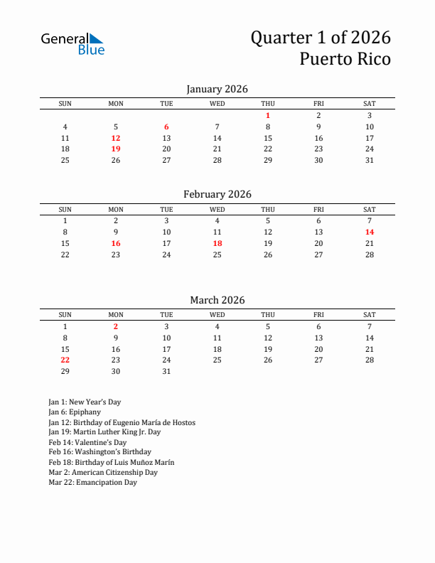 Quarter 1 2026 Puerto Rico Quarterly Calendar