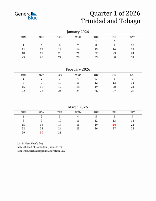 Quarter 1 2026 Trinidad and Tobago Quarterly Calendar