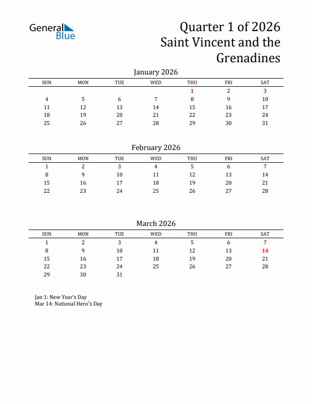 Quarter 1 2026 Saint Vincent and the Grenadines Quarterly Calendar