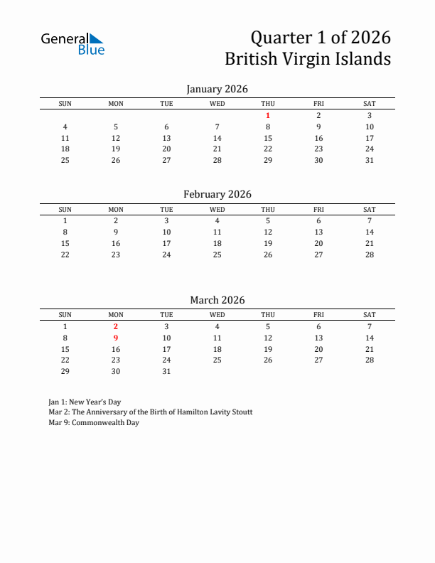 Quarter 1 2026 British Virgin Islands Quarterly Calendar