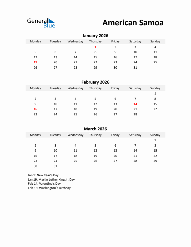 Printable Quarterly Calendar with Notes and American Samoa Holidays- Q1 of 2026