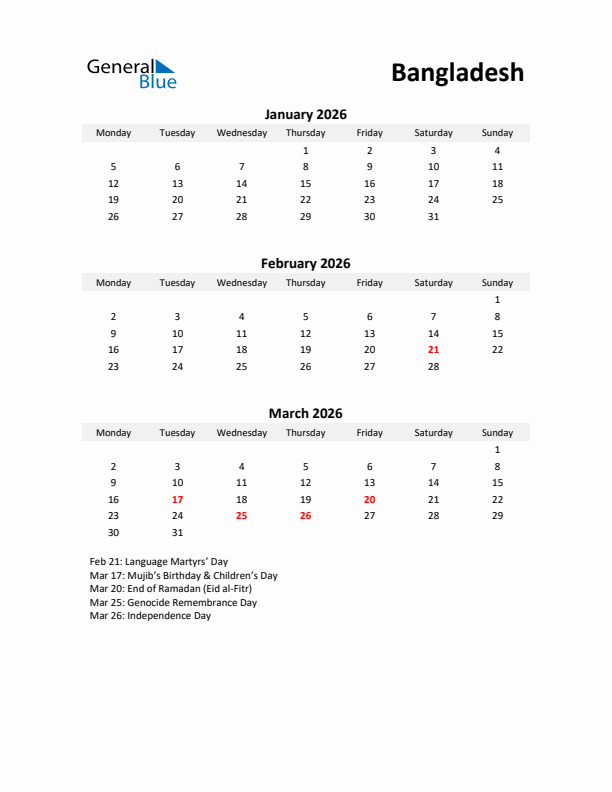 Printable Quarterly Calendar with Notes and Bangladesh Holidays- Q1 of 2026
