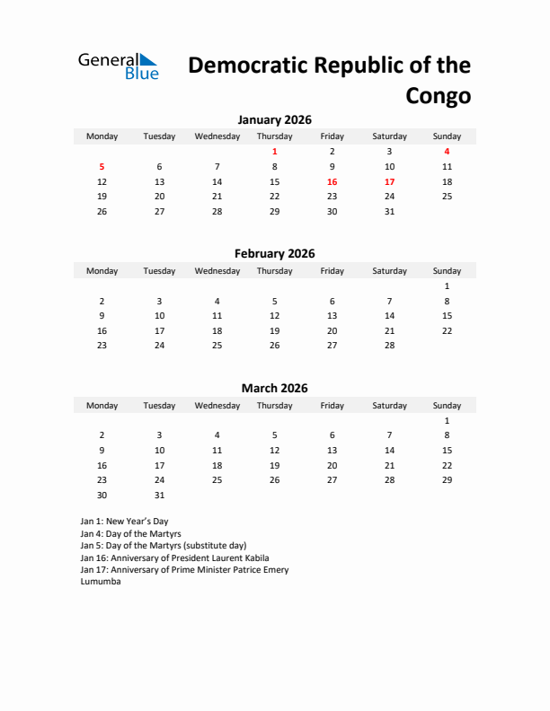 Printable Quarterly Calendar with Notes and Democratic Republic of the Congo Holidays- Q1 of 2026