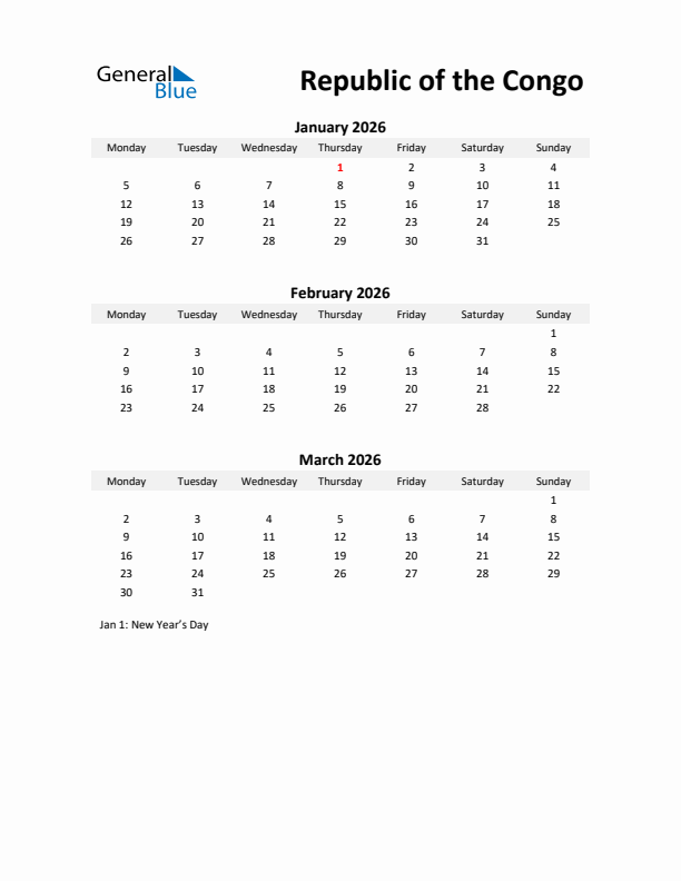 Printable Quarterly Calendar with Notes and Republic of the Congo Holidays- Q1 of 2026