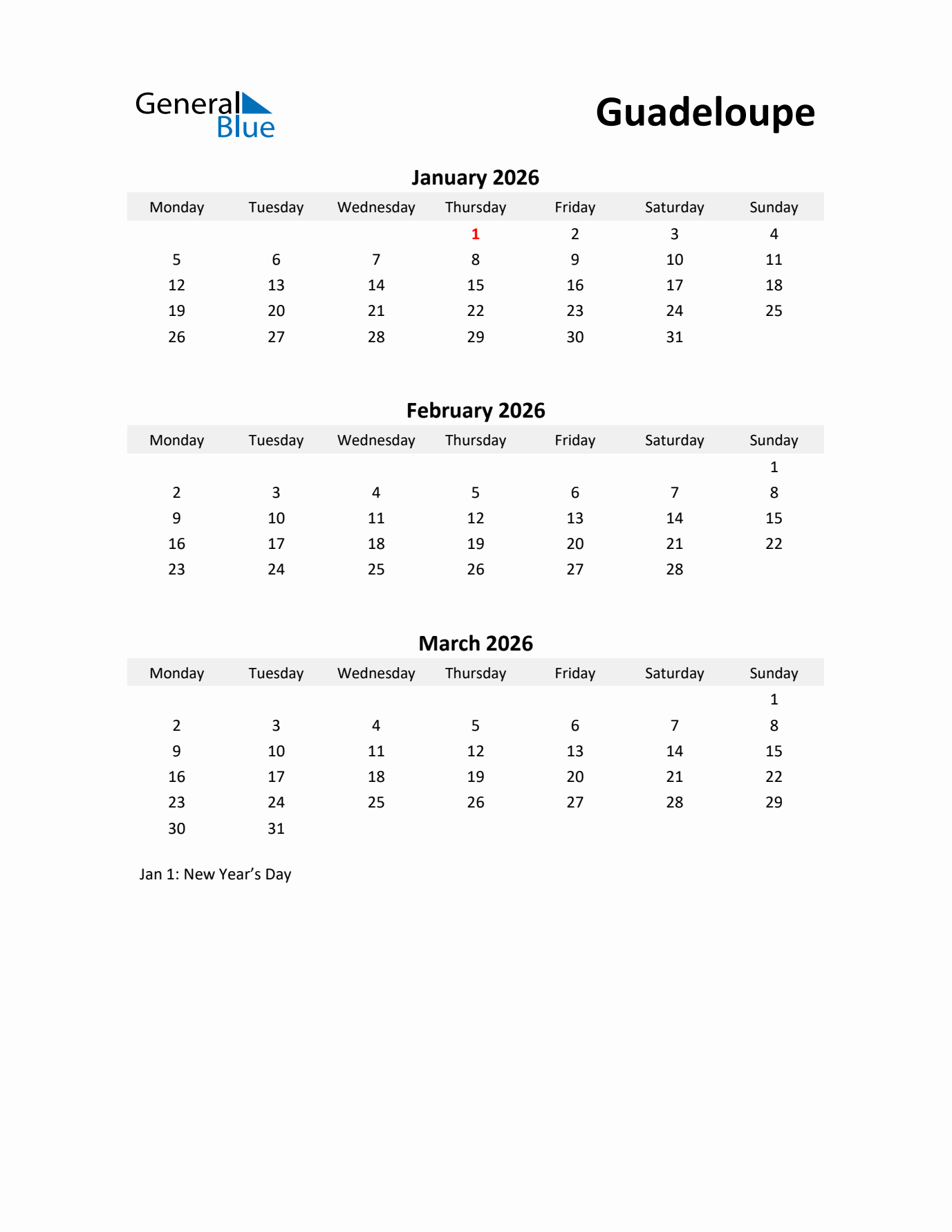 Printable Quarterly Calendar with Notes and Guadeloupe Holidays- Q1 of 2026