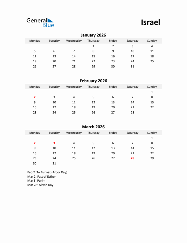 Printable Quarterly Calendar with Notes and Israel Holidays- Q1 of 2026