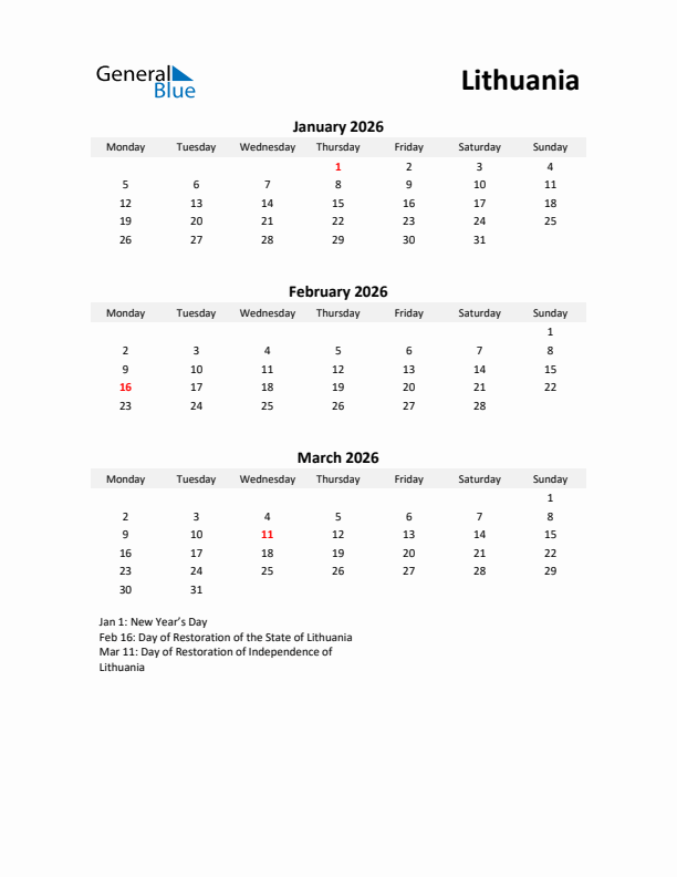 Printable Quarterly Calendar with Notes and Lithuania Holidays- Q1 of 2026