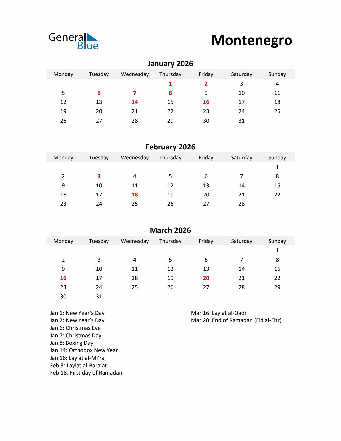 Printable Quarterly Calendar with Notes and Montenegro Holidays- Q1 of 2026