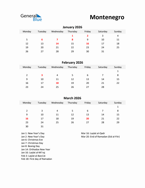 Printable Quarterly Calendar with Notes and Montenegro Holidays- Q1 of 2026