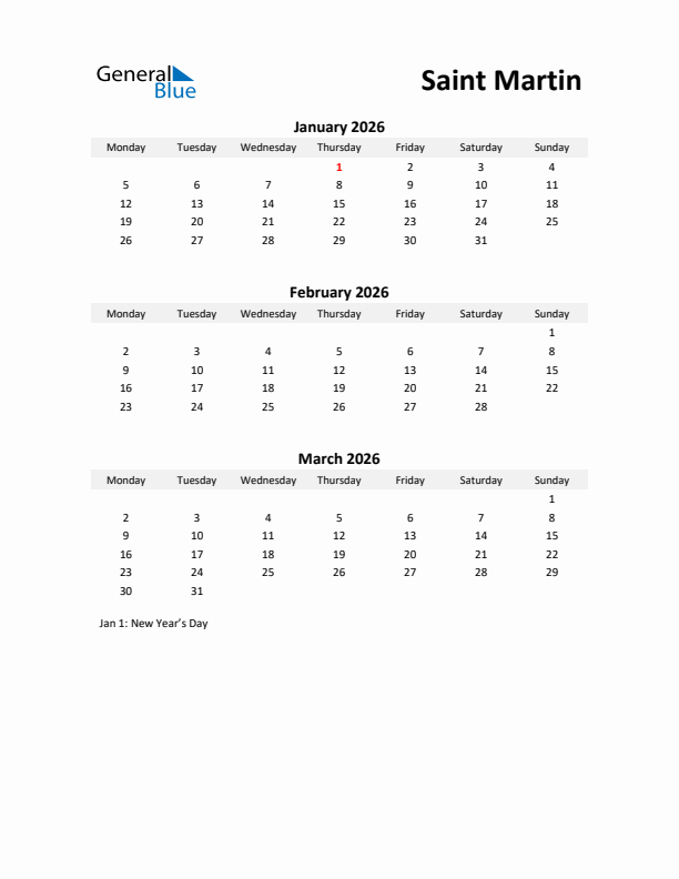 Printable Quarterly Calendar with Notes and Saint Martin Holidays- Q1 of 2026