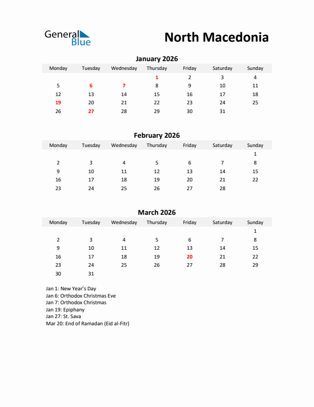 Printable Quarterly Calendar with Notes and North Macedonia Holidays- Q1 of 2026