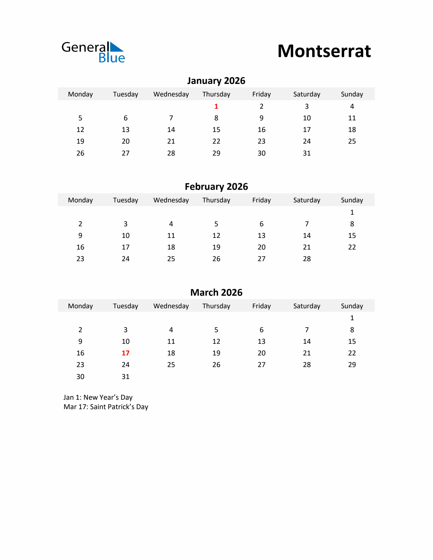 Printable Quarterly Calendar with Notes and Montserrat Holidays- Q1 of 2026