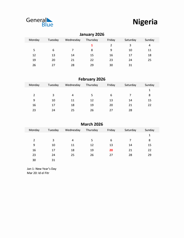Printable Quarterly Calendar with Notes and Nigeria Holidays- Q1 of 2026