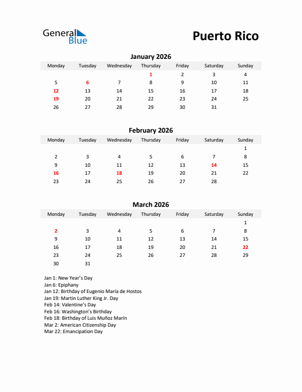 Printable Quarterly Calendar with Notes and Puerto Rico Holidays- Q1 of 2026