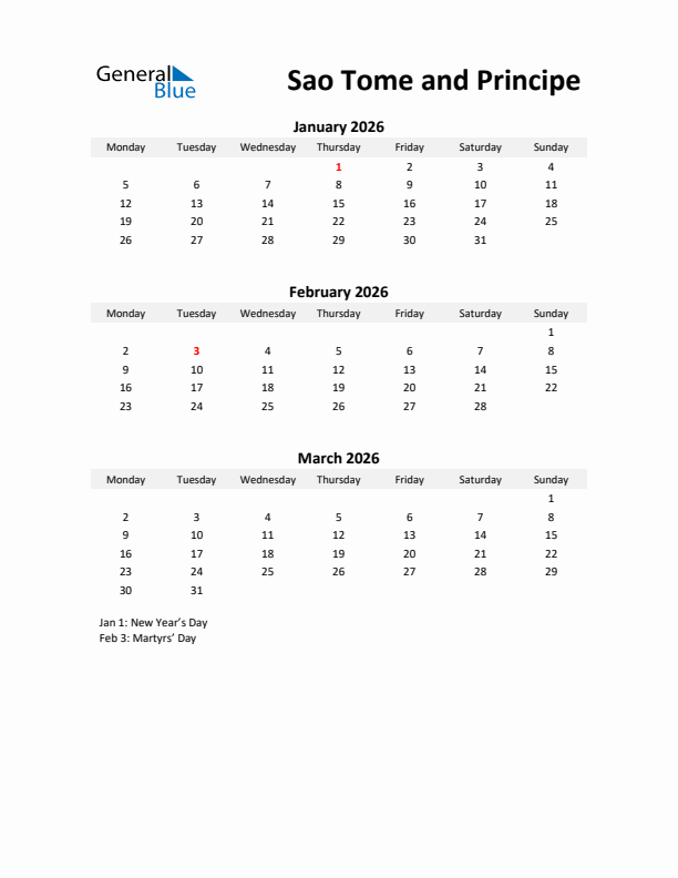 Printable Quarterly Calendar with Notes and Sao Tome and Principe Holidays- Q1 of 2026