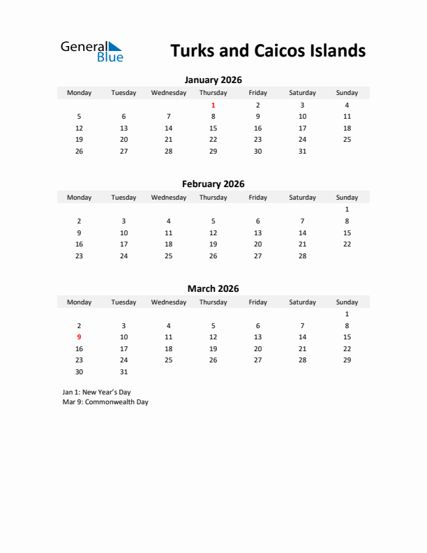 Printable Quarterly Calendar with Notes and Turks and Caicos Islands Holidays- Q1 of 2026
