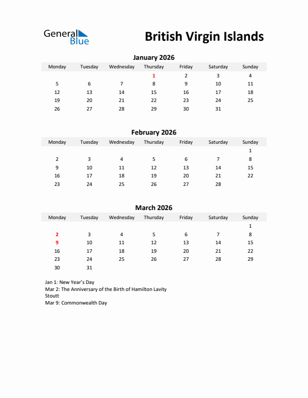 Printable Quarterly Calendar with Notes and British Virgin Islands Holidays- Q1 of 2026