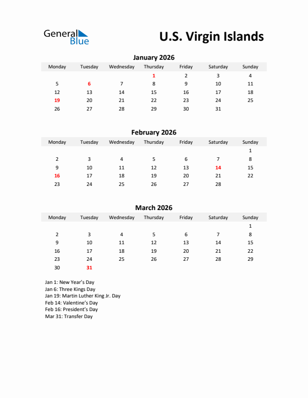 Printable Quarterly Calendar with Notes and U.S. Virgin Islands Holidays- Q1 of 2026