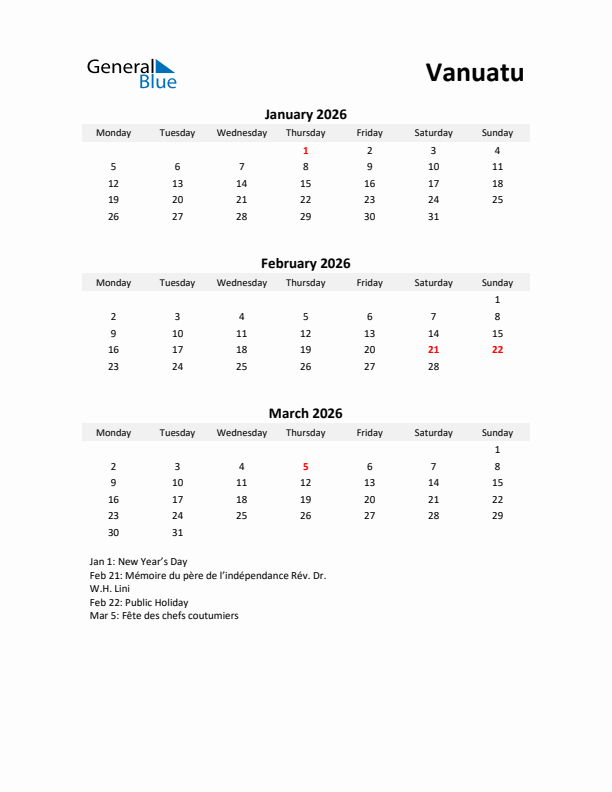 Printable Quarterly Calendar with Notes and Vanuatu Holidays- Q1 of 2026