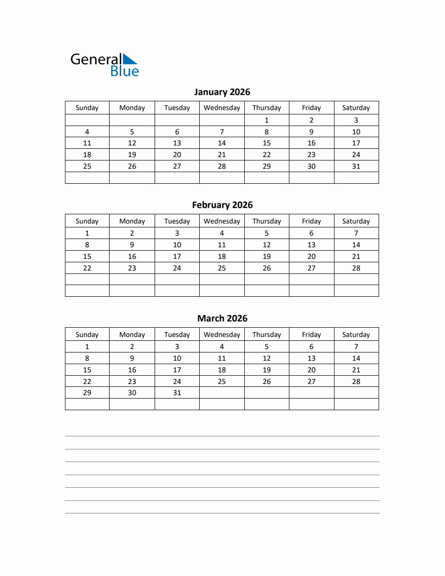 Free Printable Q1 Quarterly Calendar 2026