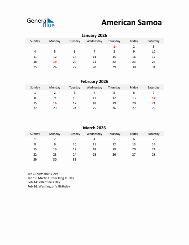 Printable Quarterly Calendar with Notes and American Samoa Holidays- Q1 of 2026