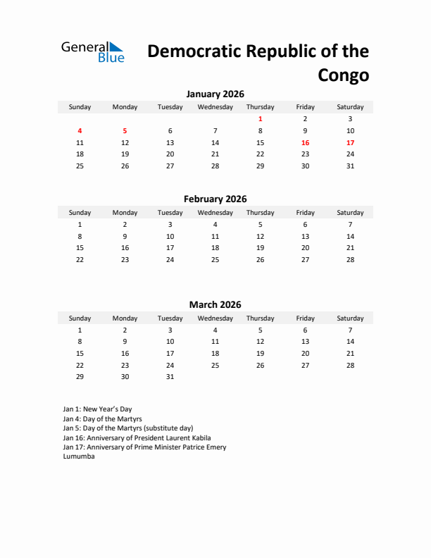Printable Quarterly Calendar with Notes and Democratic Republic of the Congo Holidays- Q1 of 2026