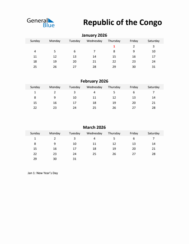Printable Quarterly Calendar with Notes and Republic of the Congo Holidays- Q1 of 2026