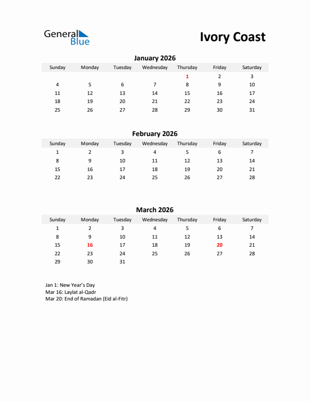 Printable Quarterly Calendar with Notes and Ivory Coast Holidays- Q1 of 2026