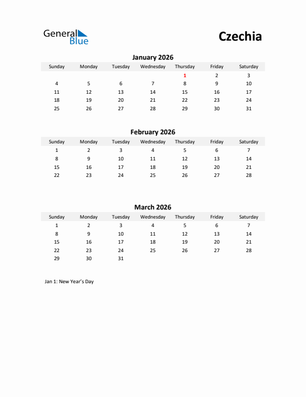 Printable Quarterly Calendar with Notes and Czechia Holidays- Q1 of 2026