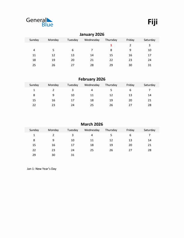 Printable Quarterly Calendar with Notes and Fiji Holidays- Q1 of 2026