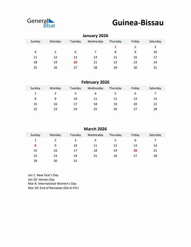 Printable Quarterly Calendar with Notes and Guinea-Bissau Holidays- Q1 of 2026