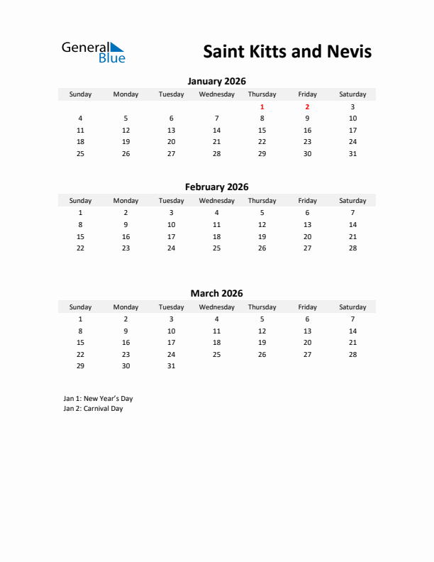 Printable Quarterly Calendar with Notes and Saint Kitts and Nevis Holidays- Q1 of 2026