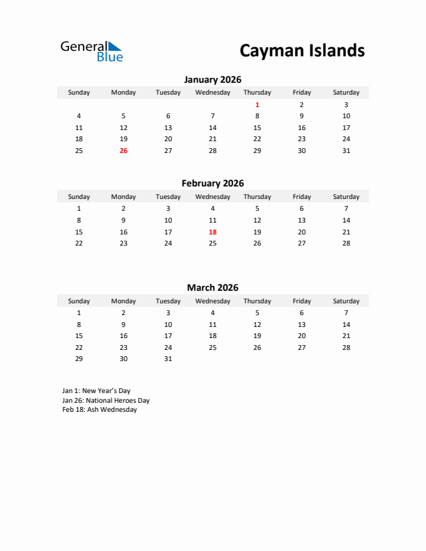Printable Quarterly Calendar with Notes and Cayman Islands Holidays- Q1 of 2026