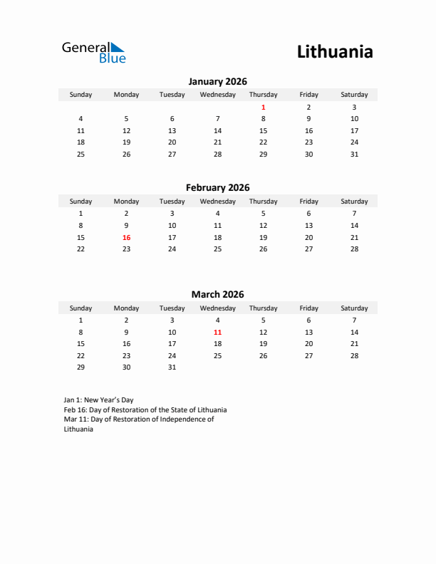 Printable Quarterly Calendar with Notes and Lithuania Holidays- Q1 of 2026
