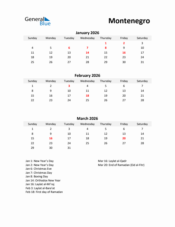 Printable Quarterly Calendar with Notes and Montenegro Holidays- Q1 of 2026